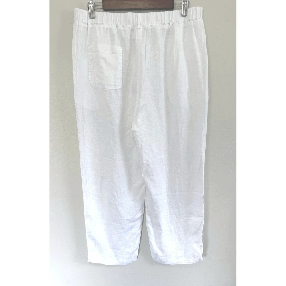 Quince Womens White 100% European Linen Straight Leg Elastic Waist Pants Sz L